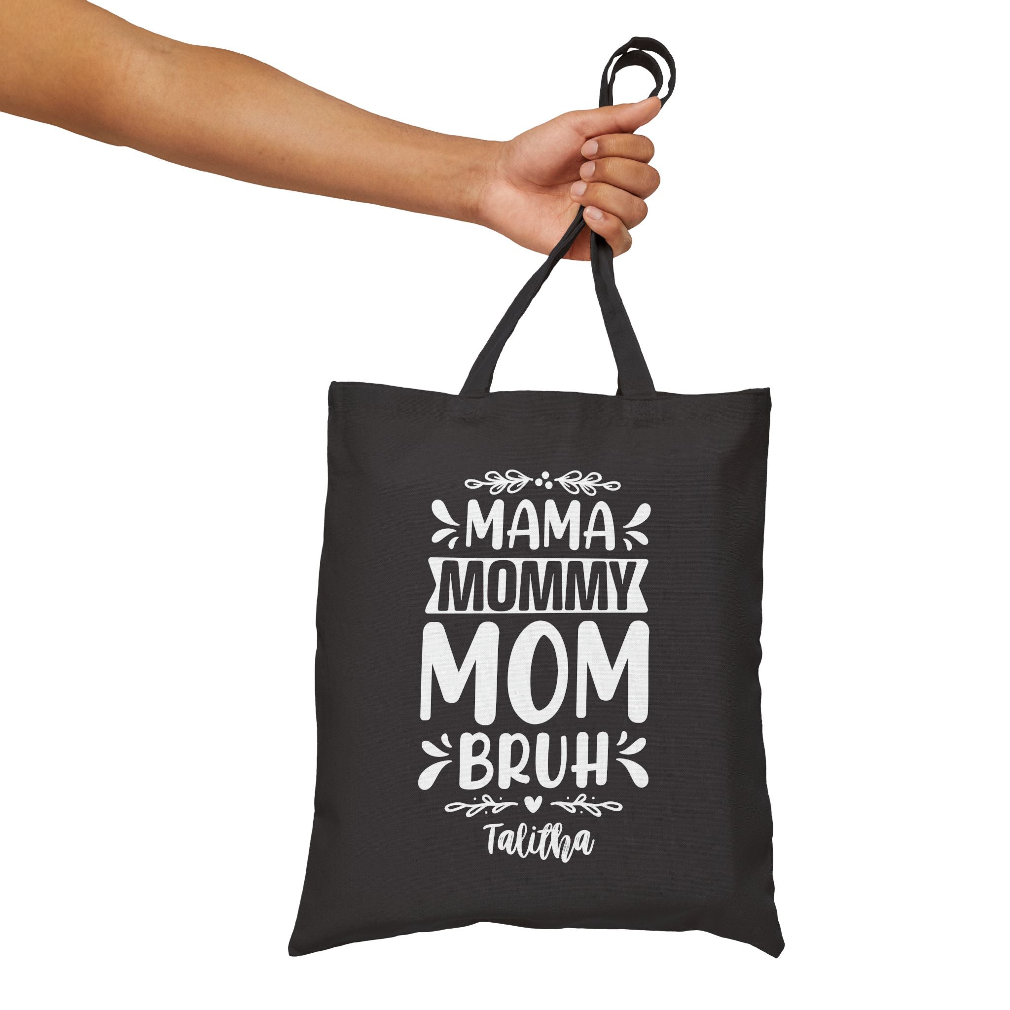 Personalized mama mommy mom bruh canvas tote bag styled in a home setting