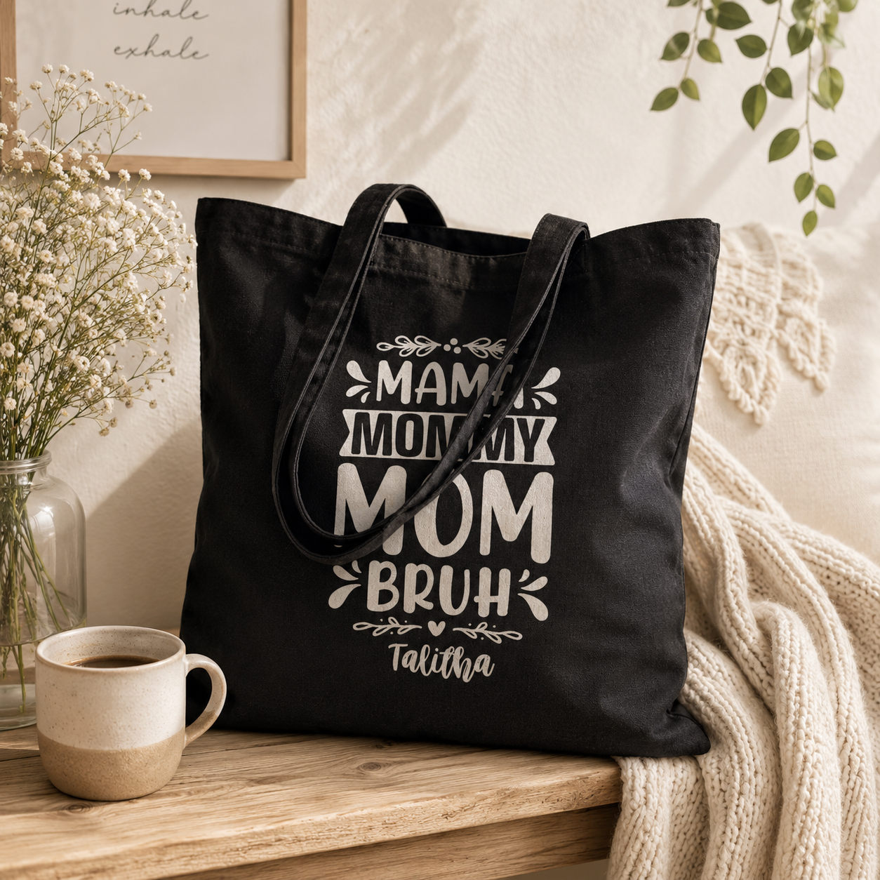 Personalized mama mommy mom bruh tote bag shown worn on shoulder, lifestyle photo