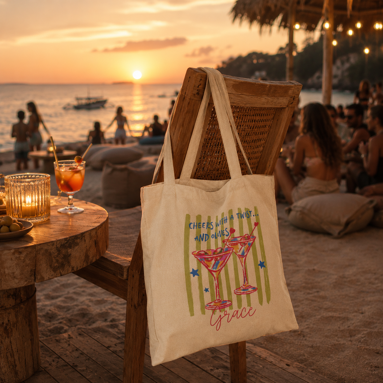 Personalized martini cocktail tote bag shown worn on shoulder, lifestyle photo
