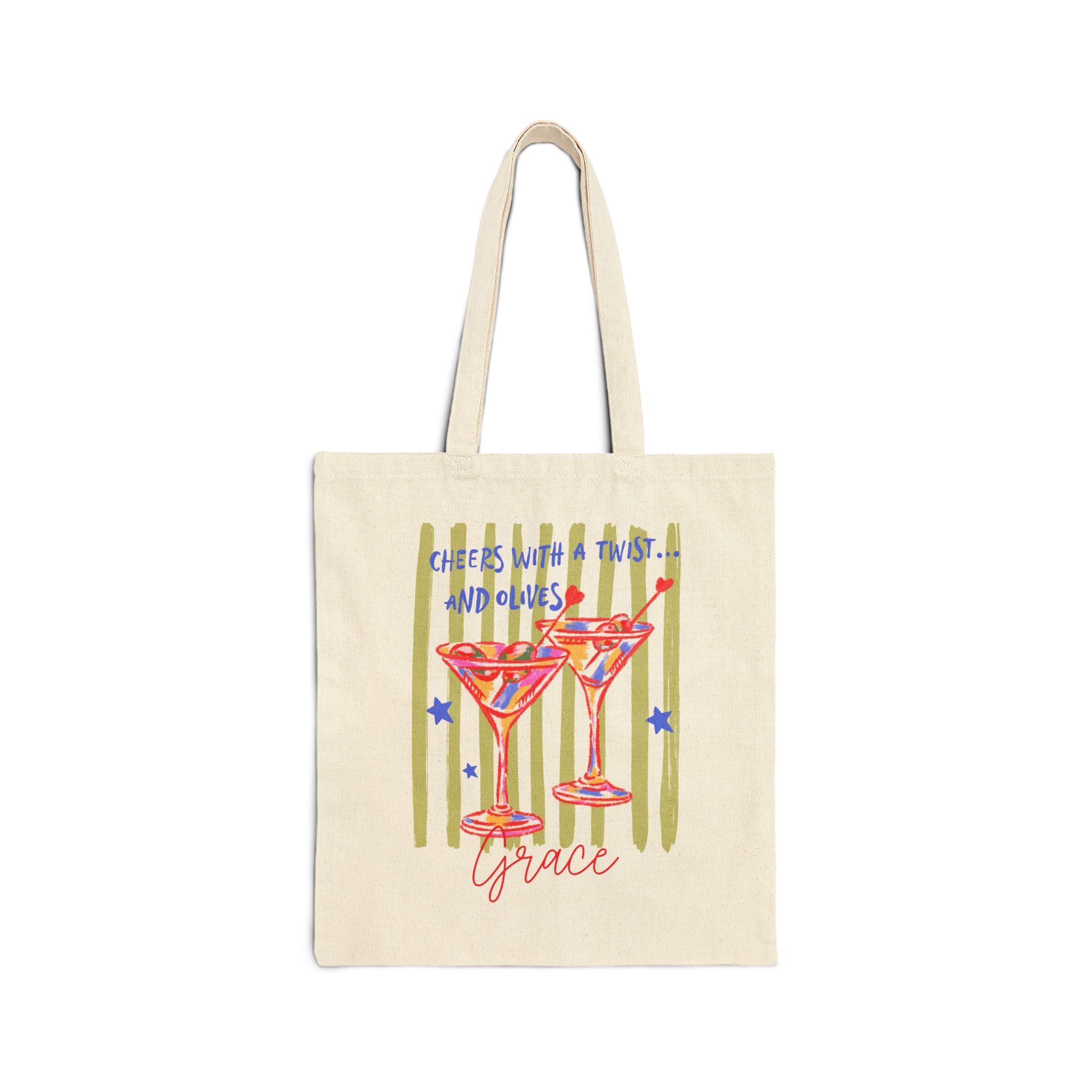 Personalized martini cocktail canvas tote bag with custom name, cheers with a twist design