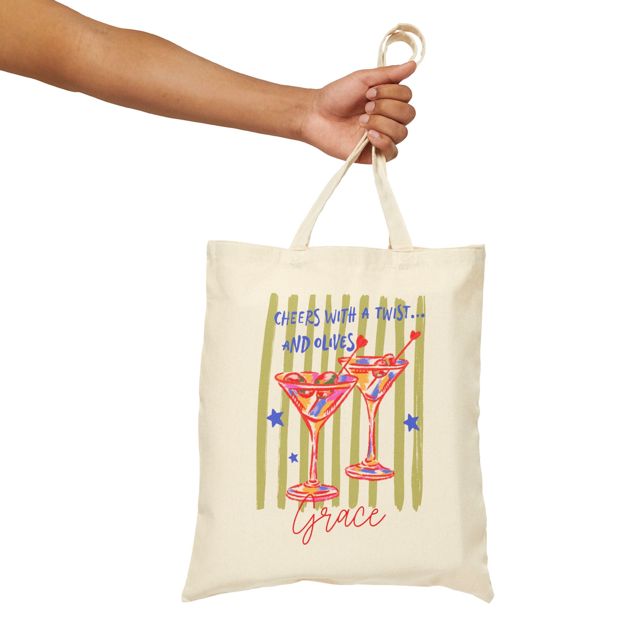 Personalized martini cocktail canvas tote bag size and dimensions reference