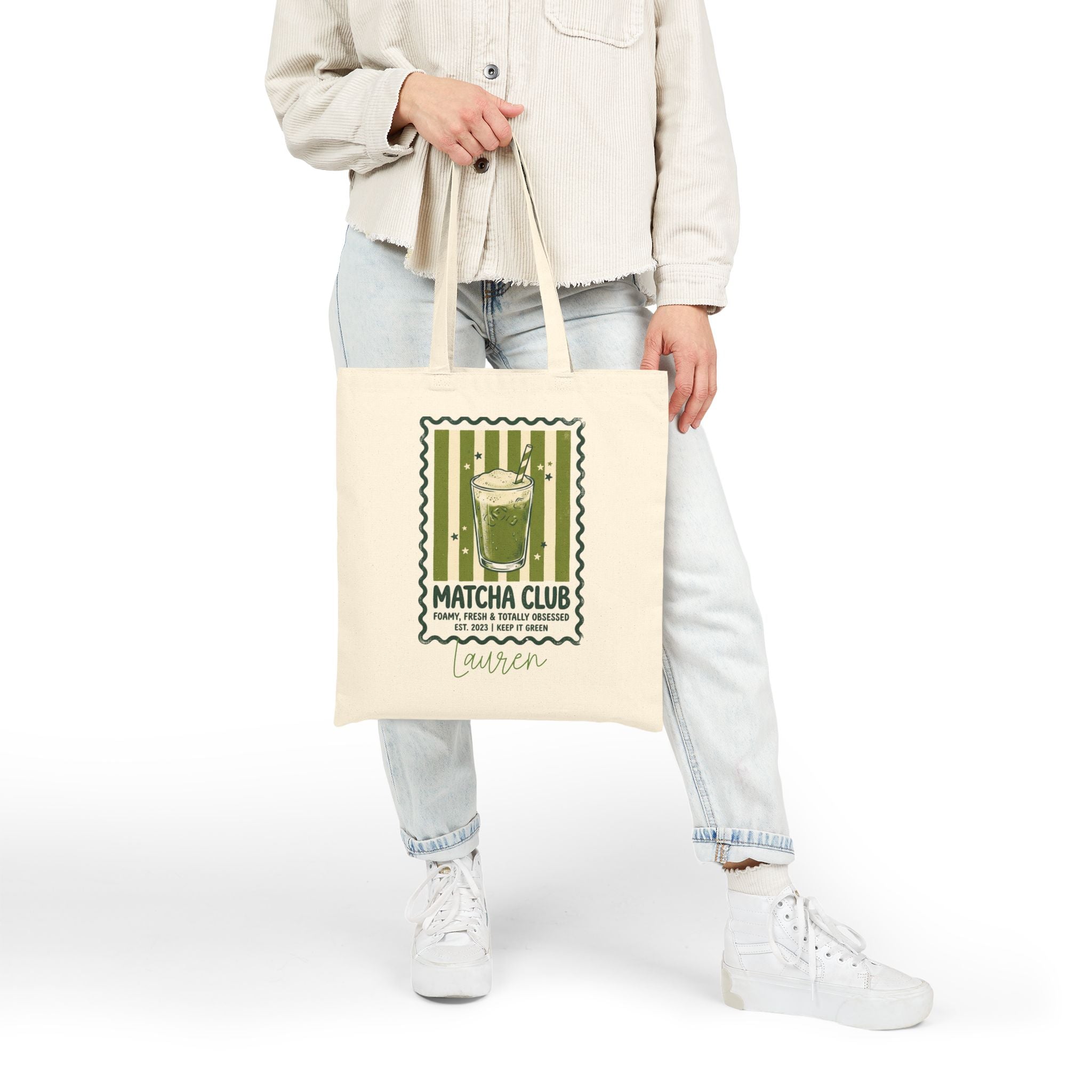 Personalized matcha club canvas tote bag styled in a home setting