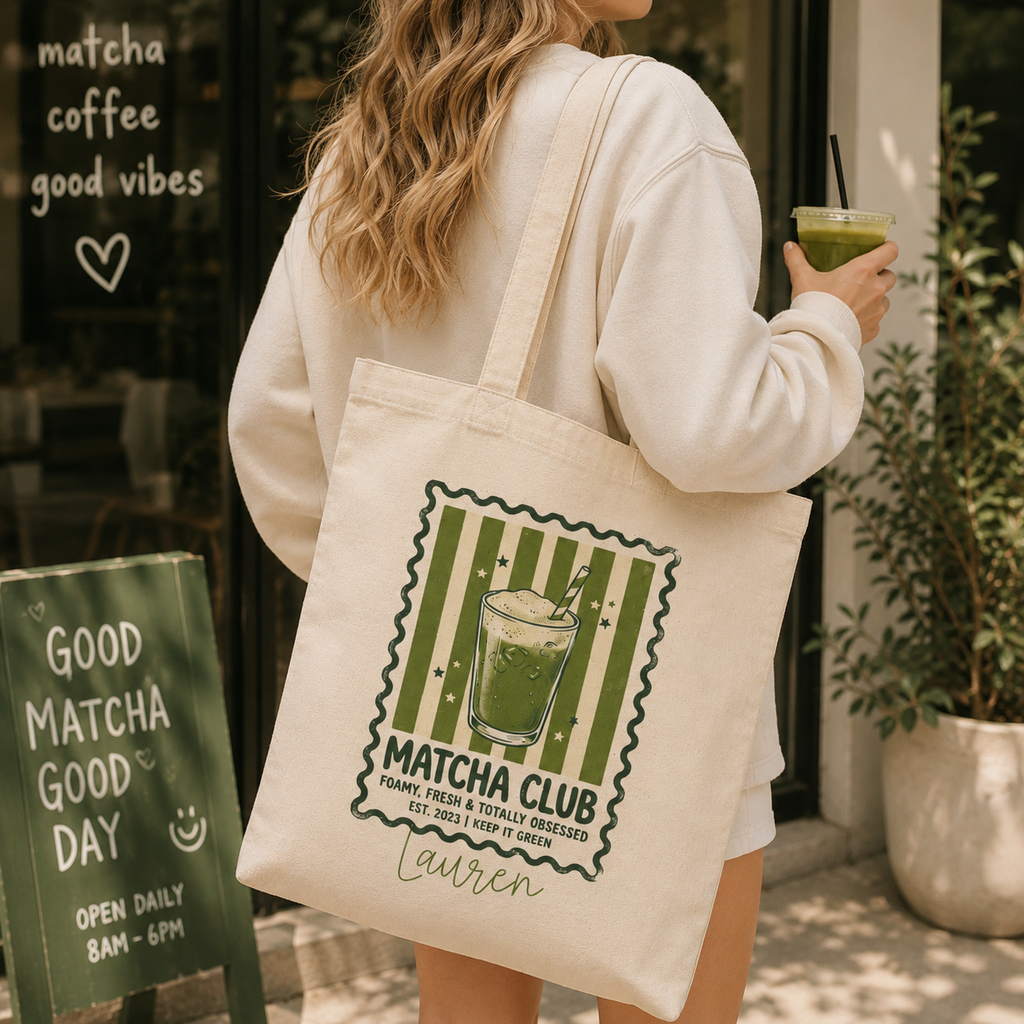 Personalized matcha club tote bag shown worn on shoulder, lifestyle photo