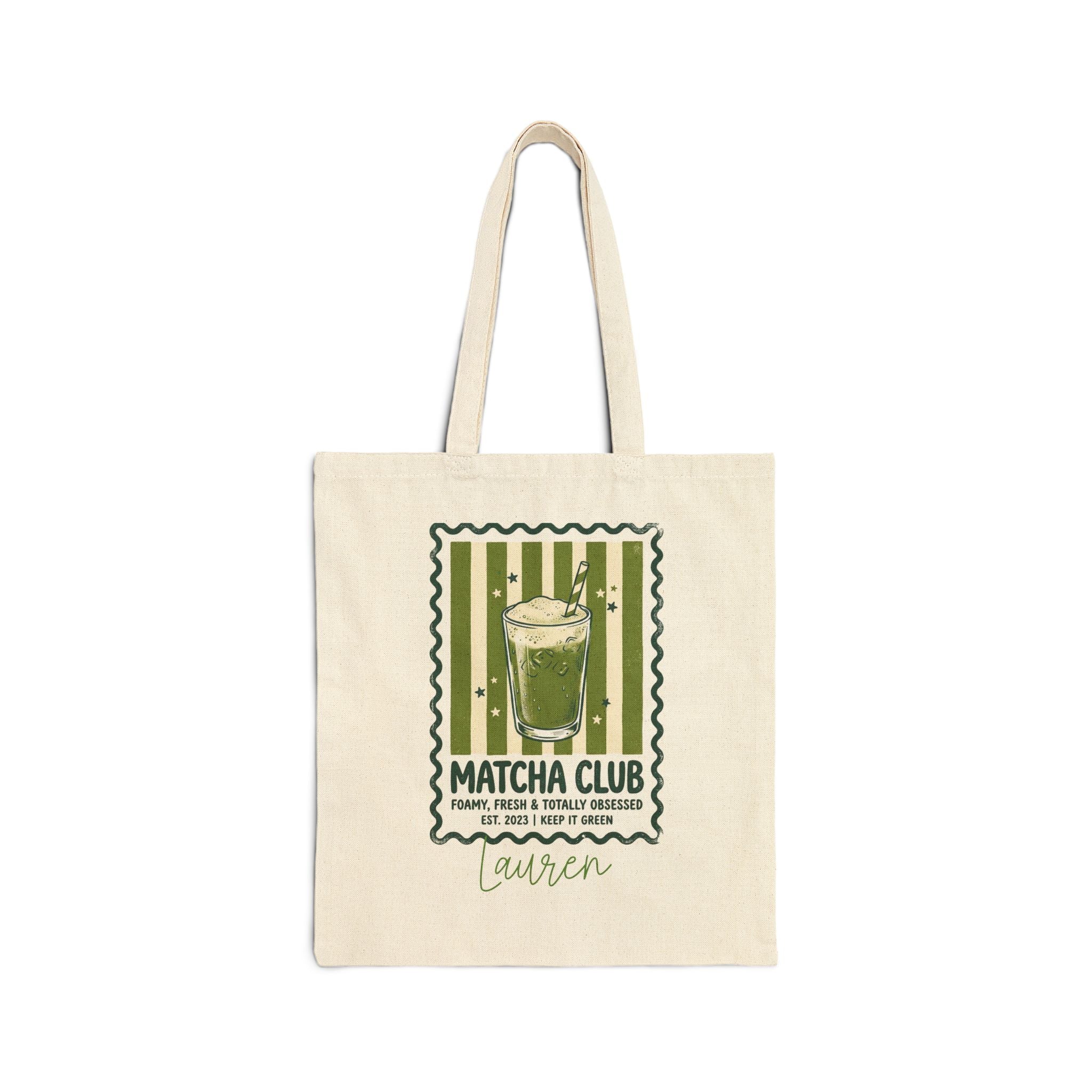 Personalized matcha club canvas tote bag with custom name, olive green stripe design