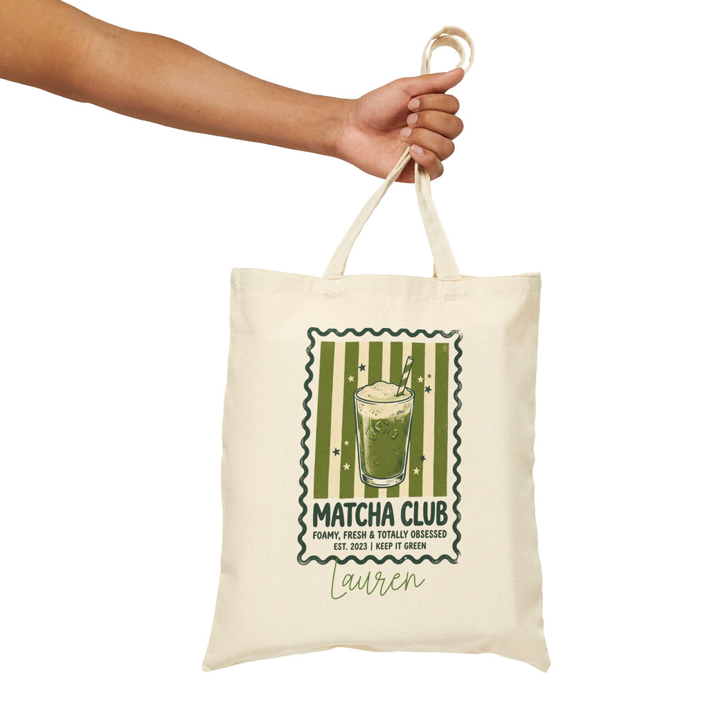 Personalized matcha club canvas tote bag size and dimensions reference