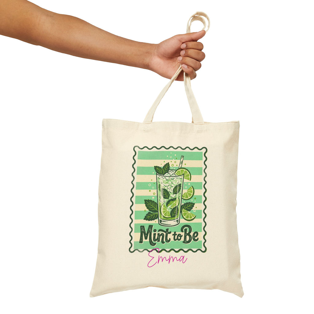 Close-up of mojito print and custom name on canvas tote bag
