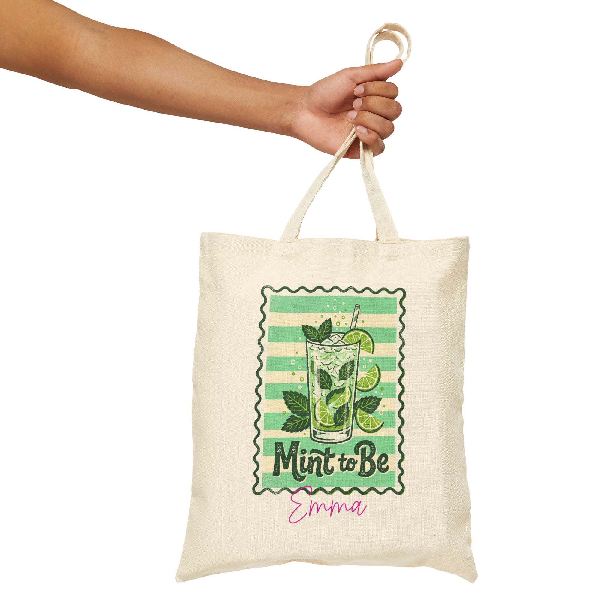 Close-up of mojito print and custom name on canvas tote bag