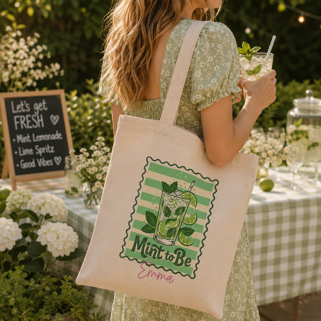 Personalized mint to be tote bag shown worn on shoulder, lifestyle photo