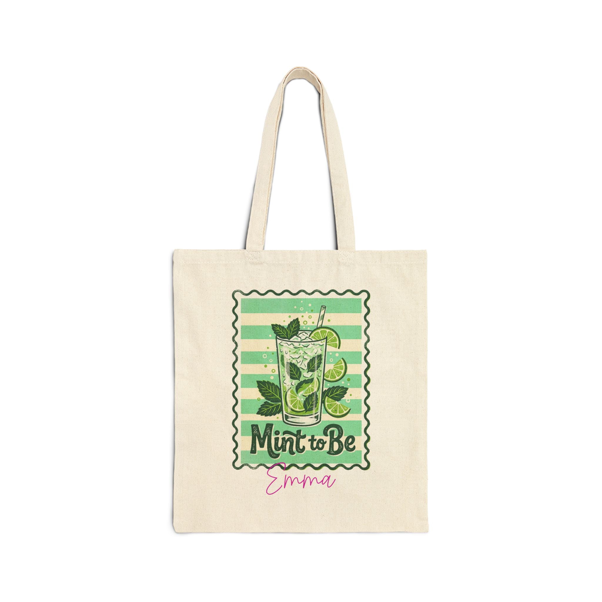 Personalized mojito canvas tote bag with custom name, mint to be design