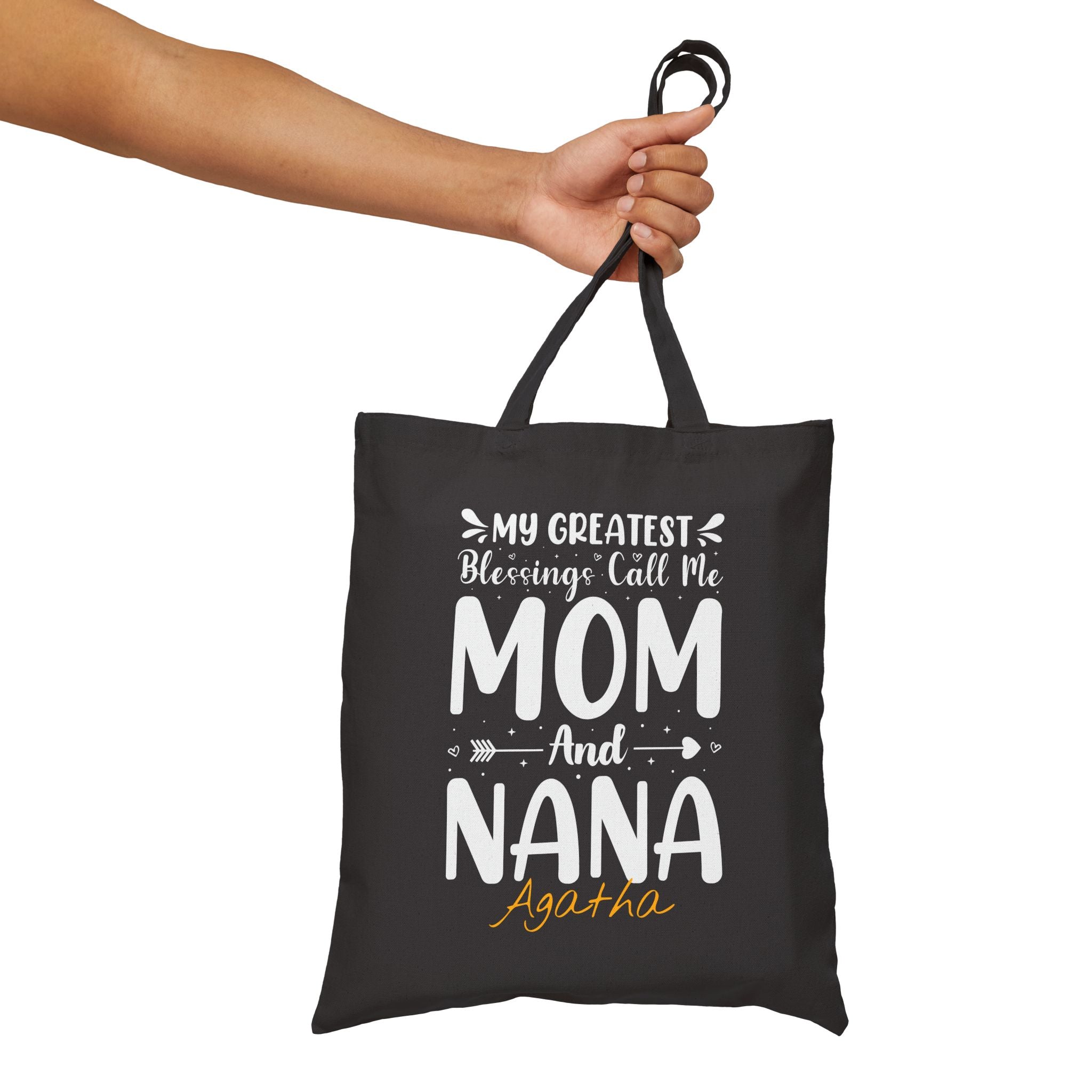 Personalized mom and nana canvas tote bag styled in a home setting