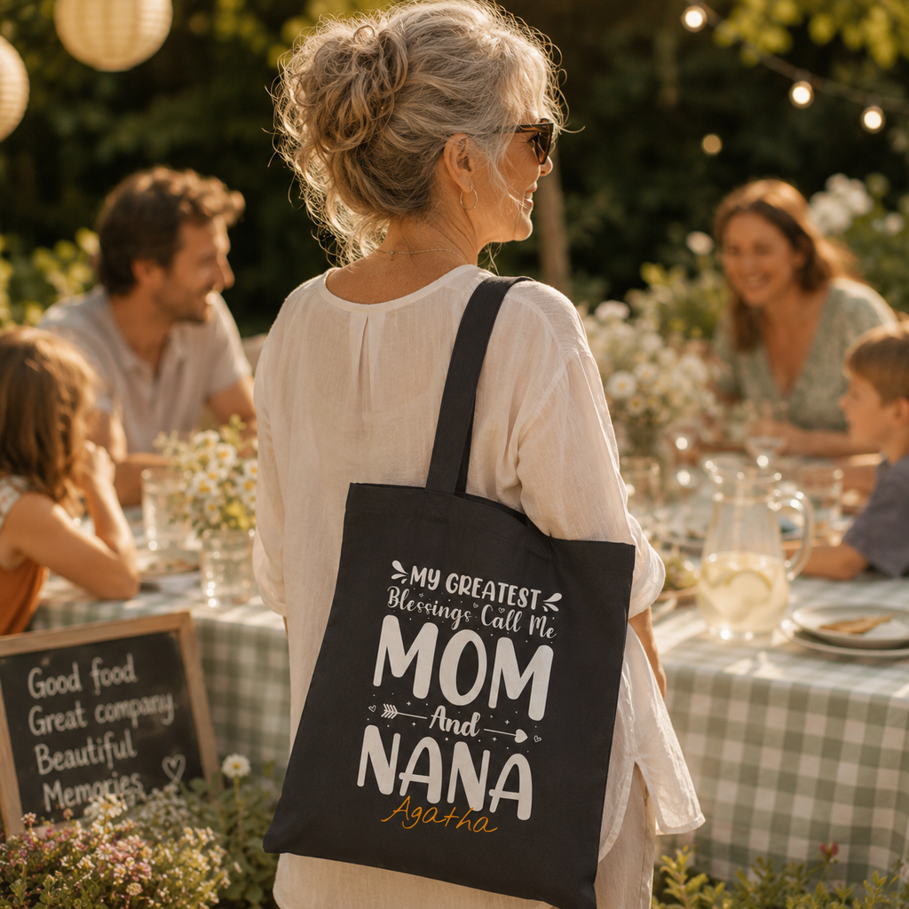 Personalized mom and nana tote bag shown worn on shoulder, lifestyle photo