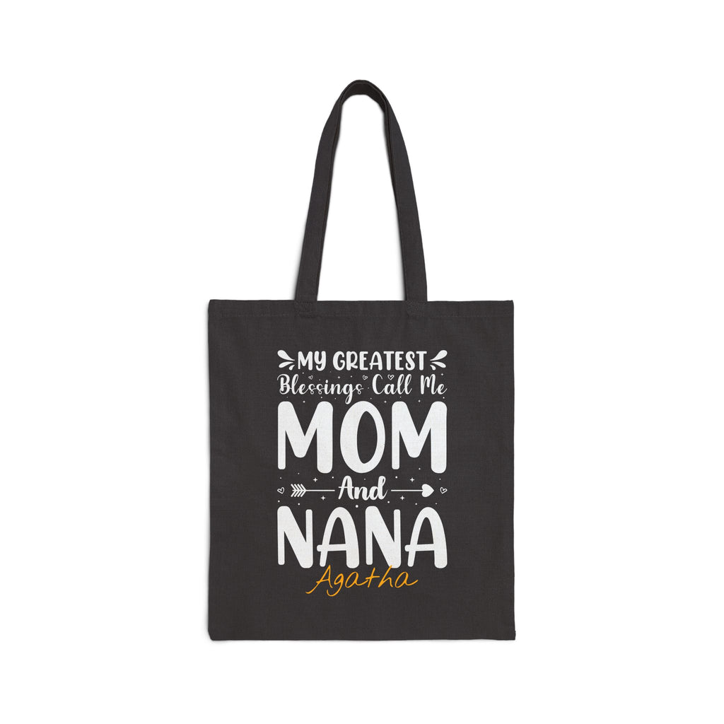 Personalized mom and nana canvas tote bag with custom name, black tote