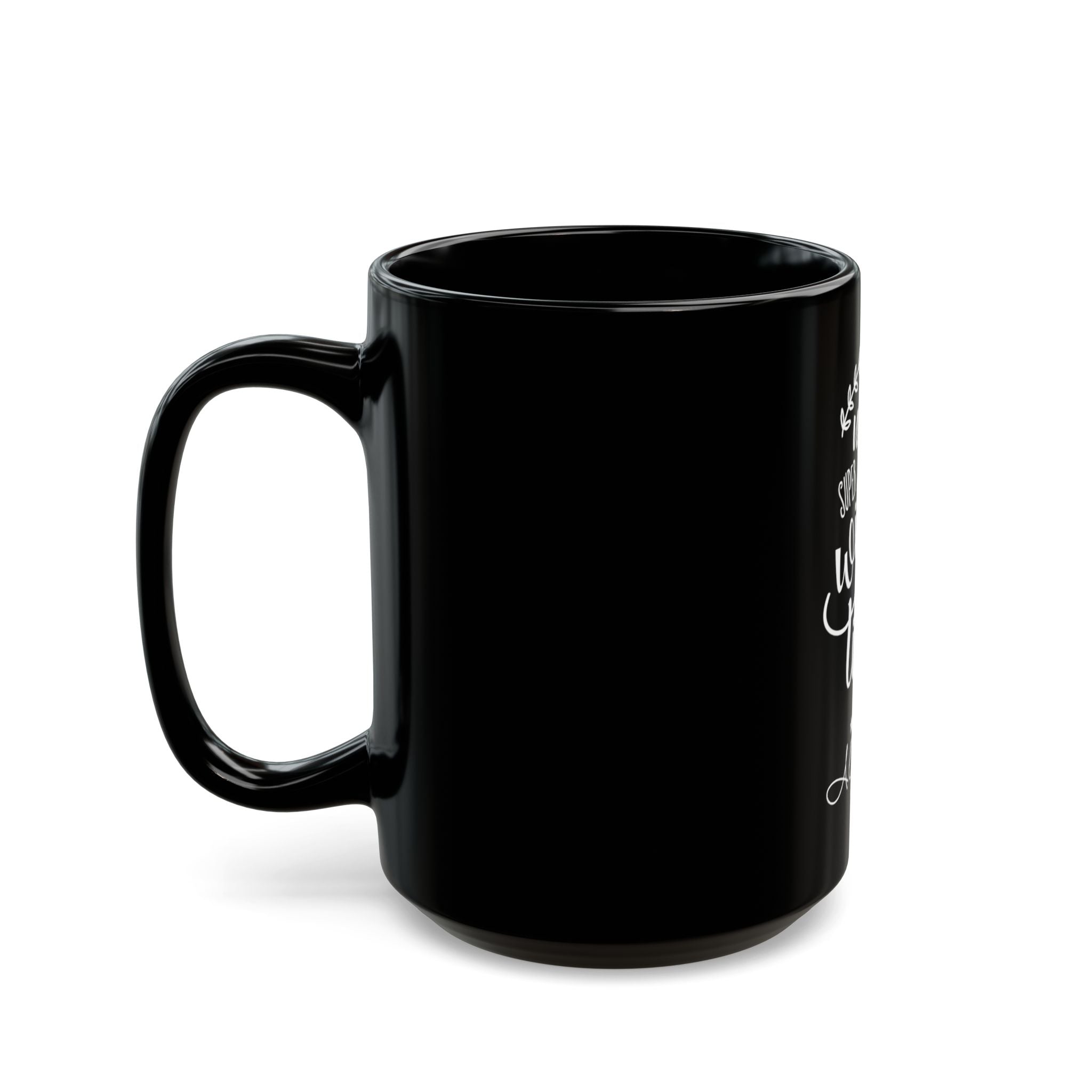 Black ceramic Super Mom mug side view - personalized birthday gift for mothers
