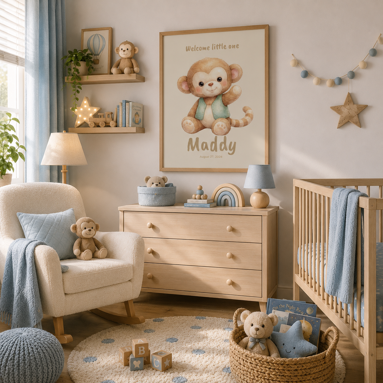 Close-up of monkey nursery poster showing personalized name and birth date