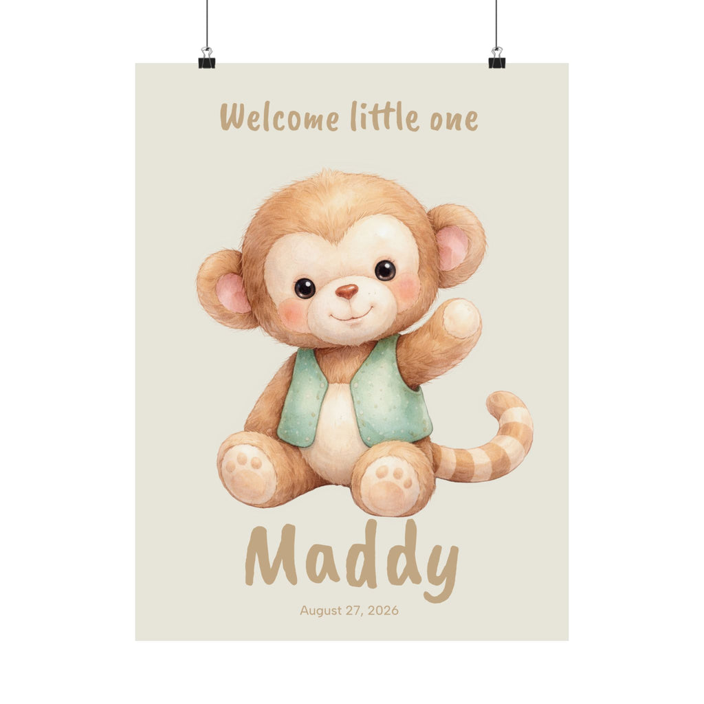 Personalized monkey in teal vest nursery poster with custom baby name and birth date