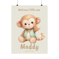 Personalized monkey in teal vest nursery poster with custom baby name and birth date