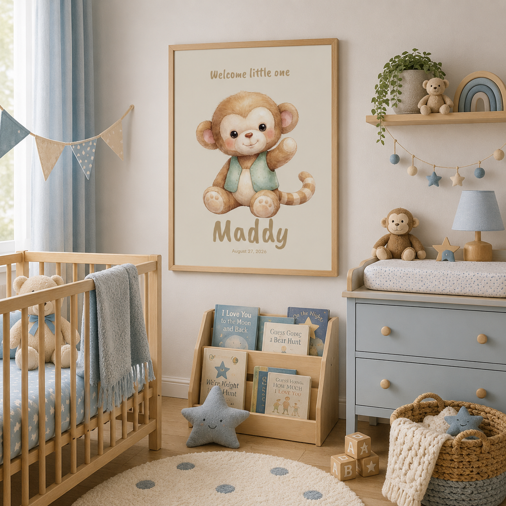 Playful monkey baby name poster displayed in jungle nursery room