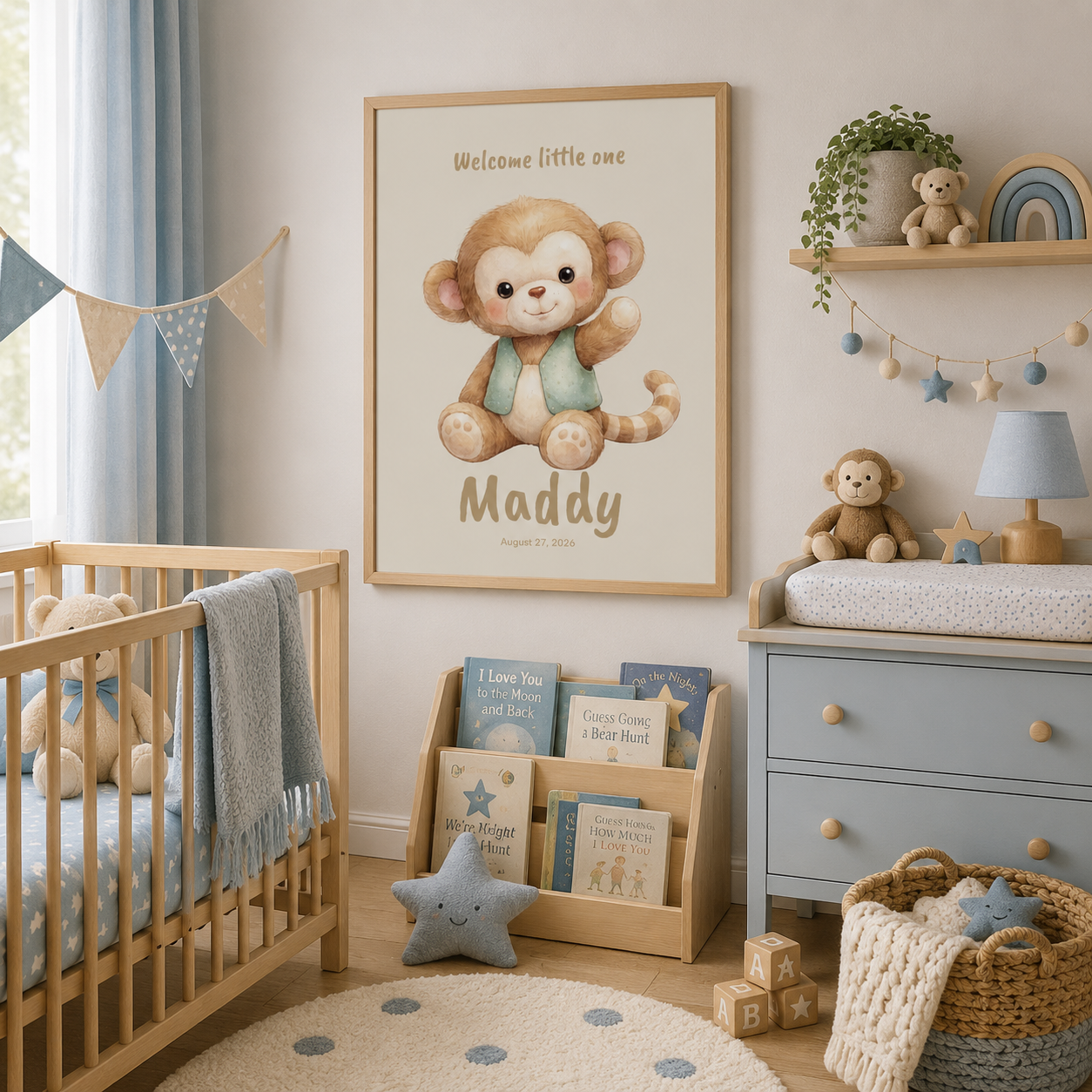 Playful monkey baby name poster displayed in jungle nursery room