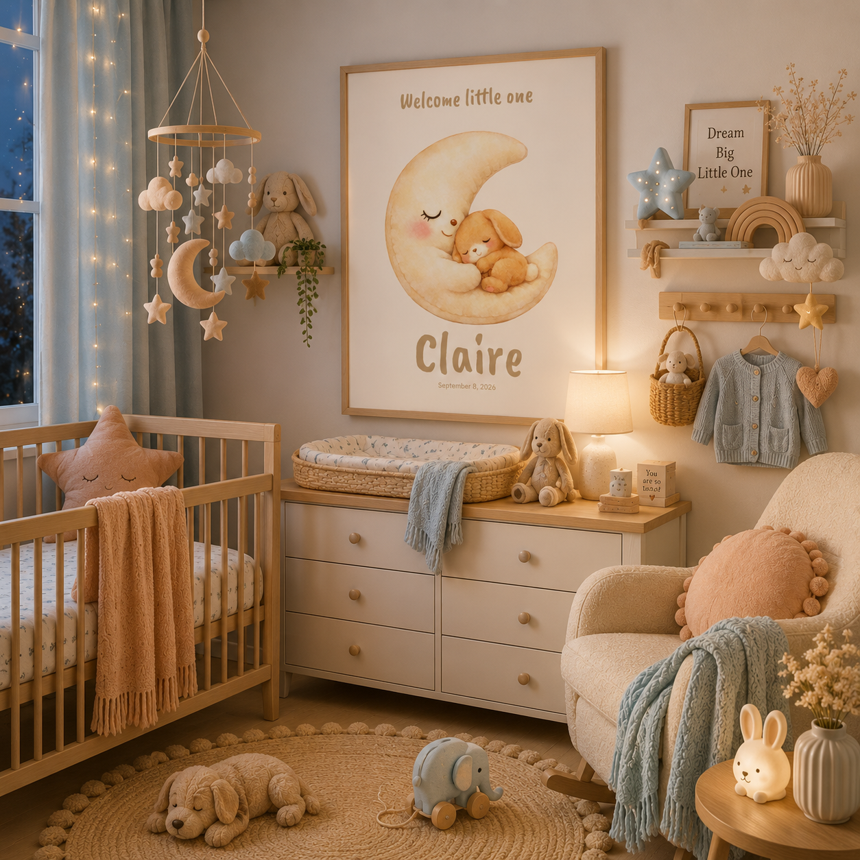 Close-up of moon bunny poster showing personalized name and birth date