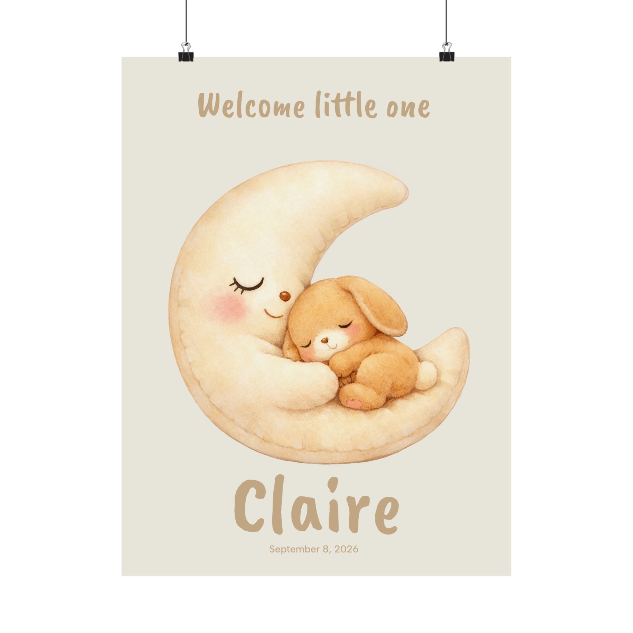 Personalized moon and bunny nursery poster with custom baby name and birth date