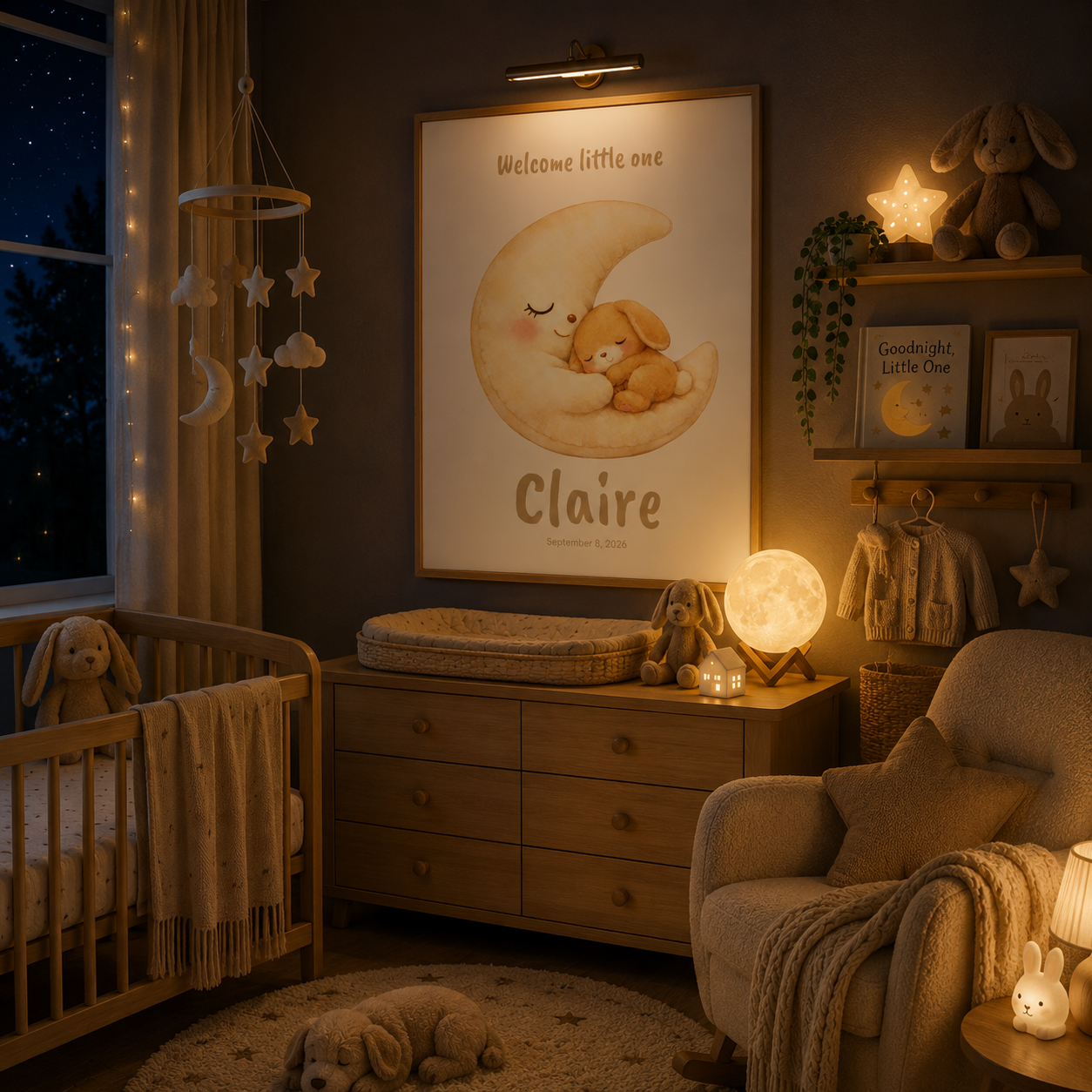 Sleeping bunny in crescent moon baby name poster in nursery room
