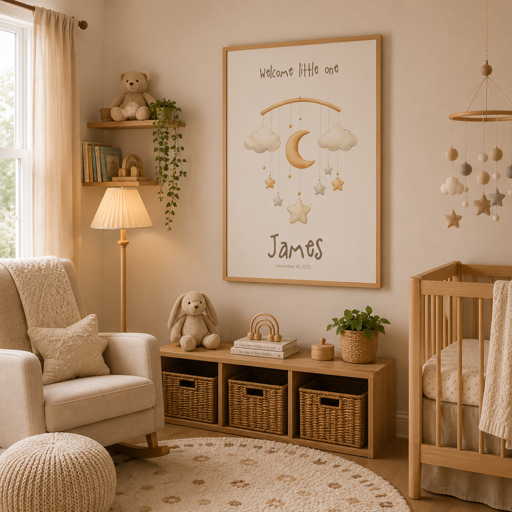 Close-up of moon stars nursery poster showing personalized name and birth date