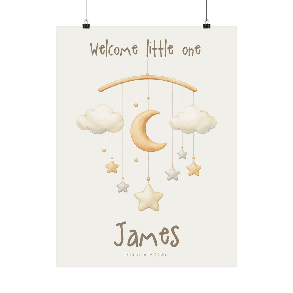 Personalized moon and stars mobile nursery poster with custom baby name and birth date