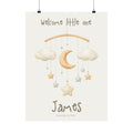 Personalized moon and stars mobile nursery poster with custom baby name and birth date