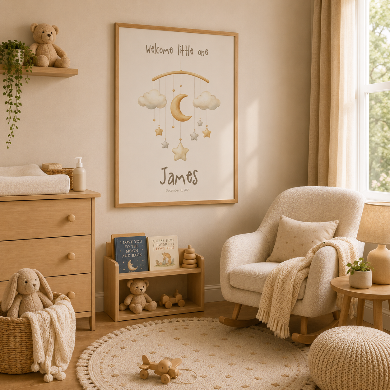 Moon and stars mobile baby name poster displayed in nursery room