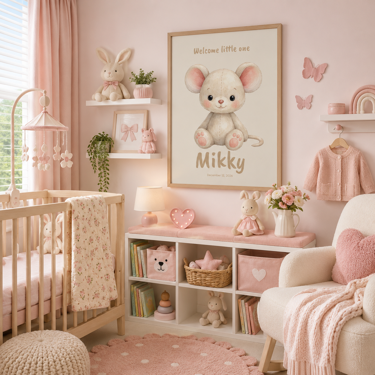 Close-up of mouse nursery poster showing personalized name and birth date