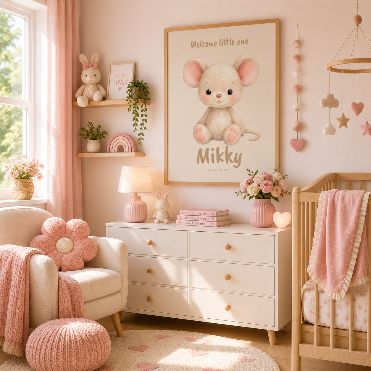 Soft cream mouse baby name poster displayed in nursery room setting