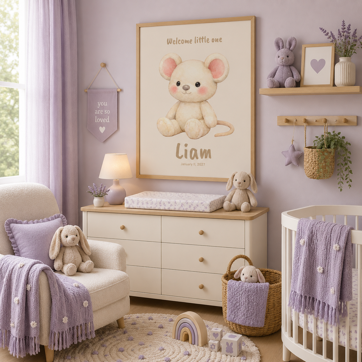 Close-up of mouse pink ears poster showing name and birth date