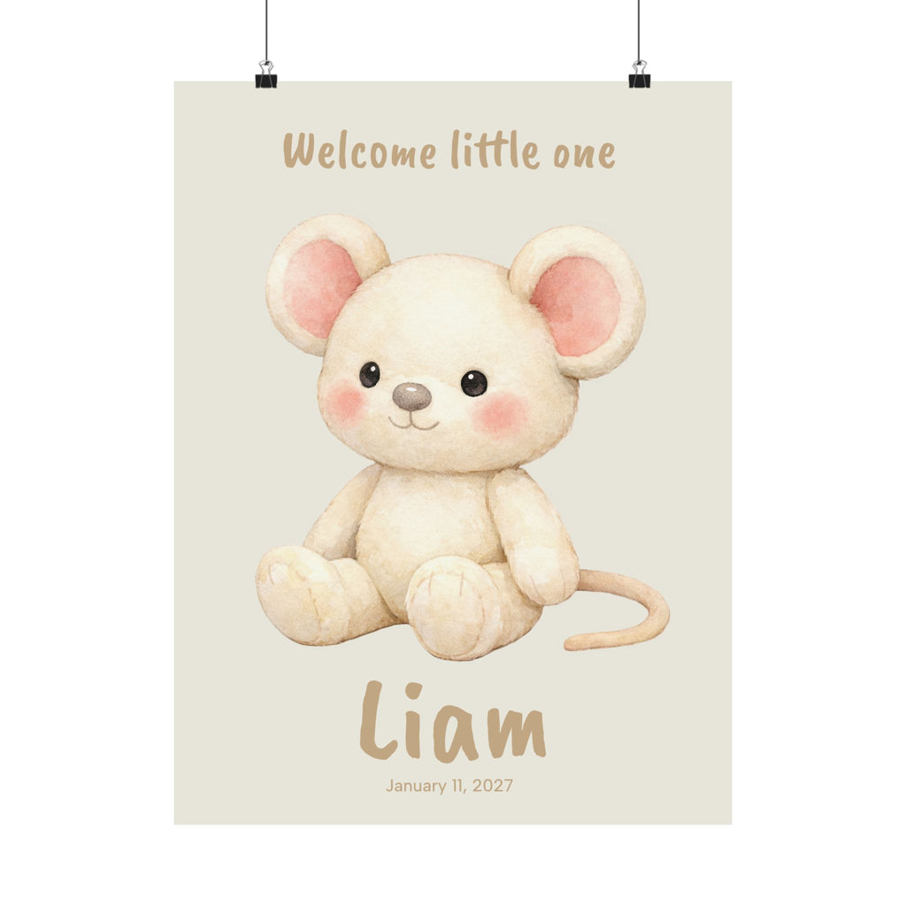 Personalized cream mouse with pink ears nursery poster, custom baby name and birth date