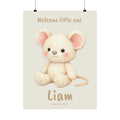 Personalized cream mouse with pink ears nursery poster, custom baby name and birth date