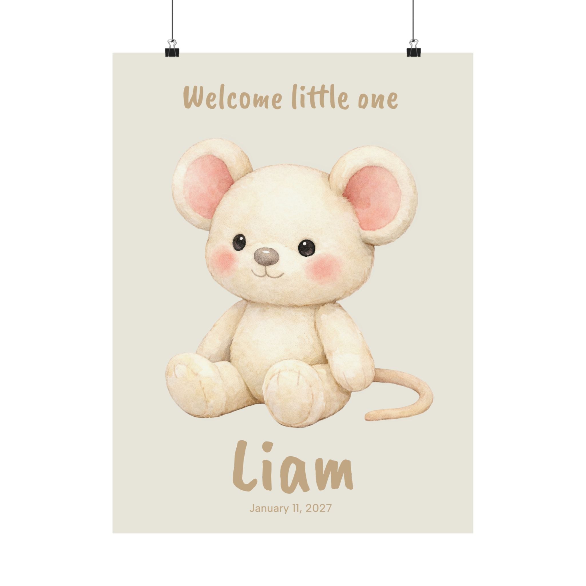 Personalized cream mouse with pink ears nursery poster, custom baby name and birth date