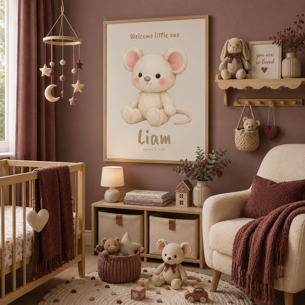 Soft cream mouse baby name poster in nursery room