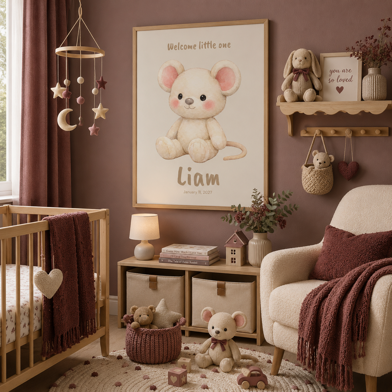 Soft cream mouse baby name poster in nursery room