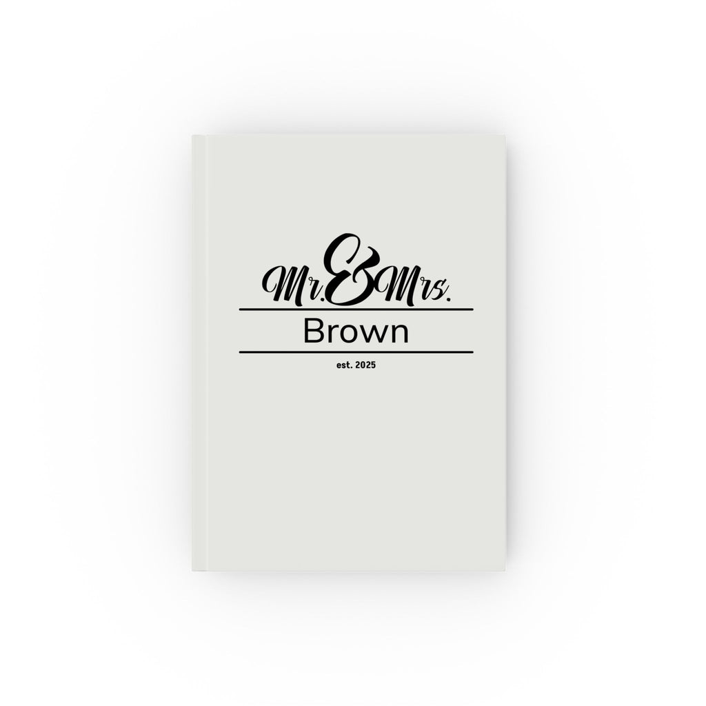 Personalized Mr and Mrs journal – white hardcover with elegant script design, name Brown est 2025