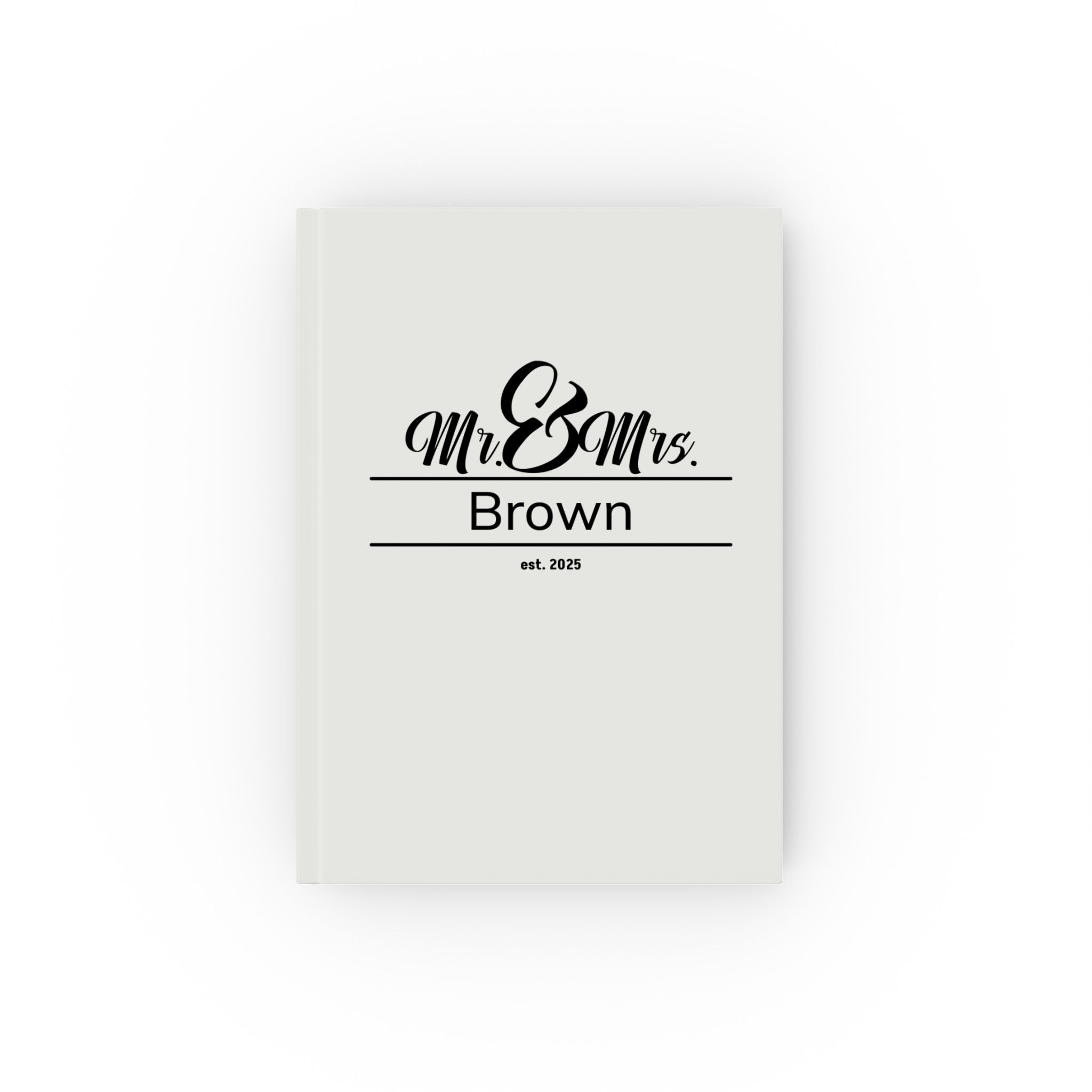 Personalized Mr and Mrs journal – white hardcover with elegant script design, name Brown est 2025