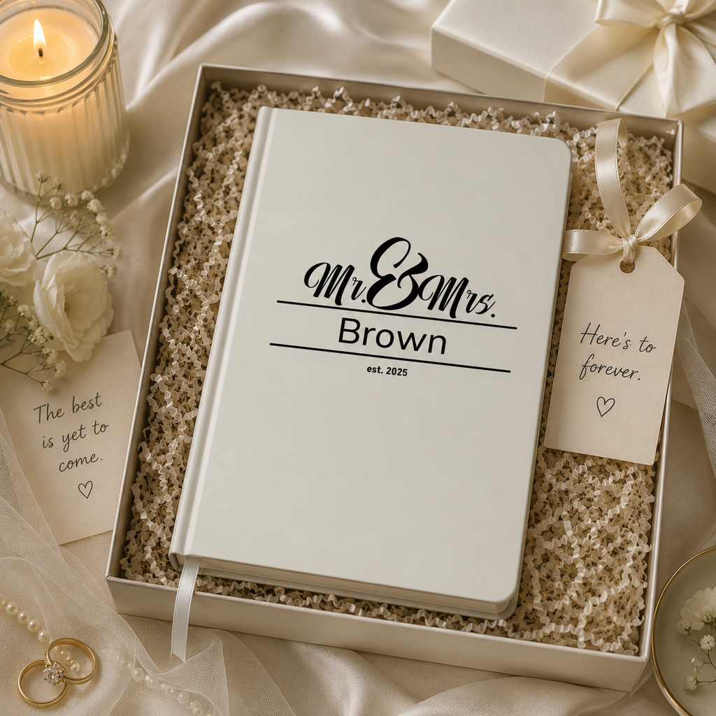 Personalized wedding journal lifestyle – Mr and Mrs hardcover notebook on table