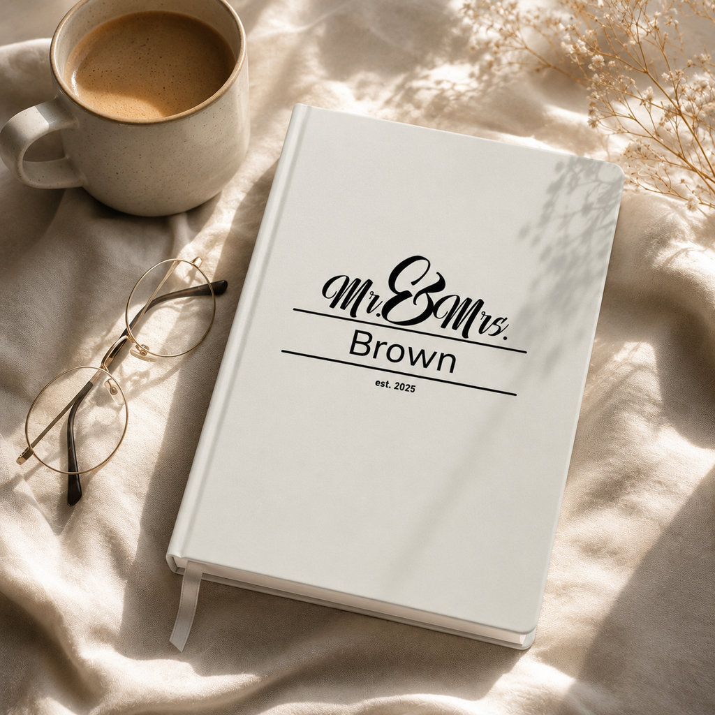 Mr and Mrs journal open flat – showing casewrap binding and quality pages