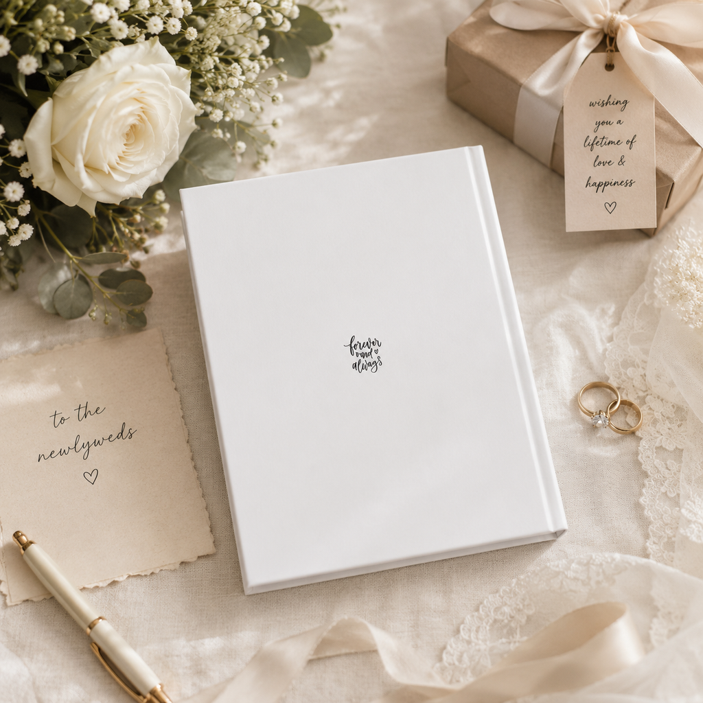 Close-up of Mr and Mrs photo journal cover – couple photo with elegant script surname