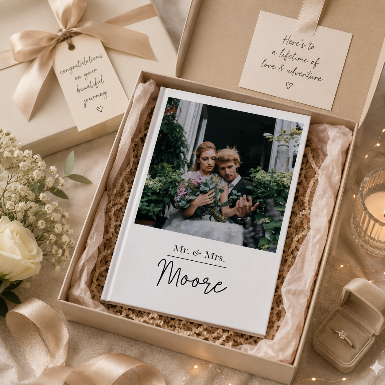 Personalized wedding journal lifestyle – couple photo notebook on table as wedding gift