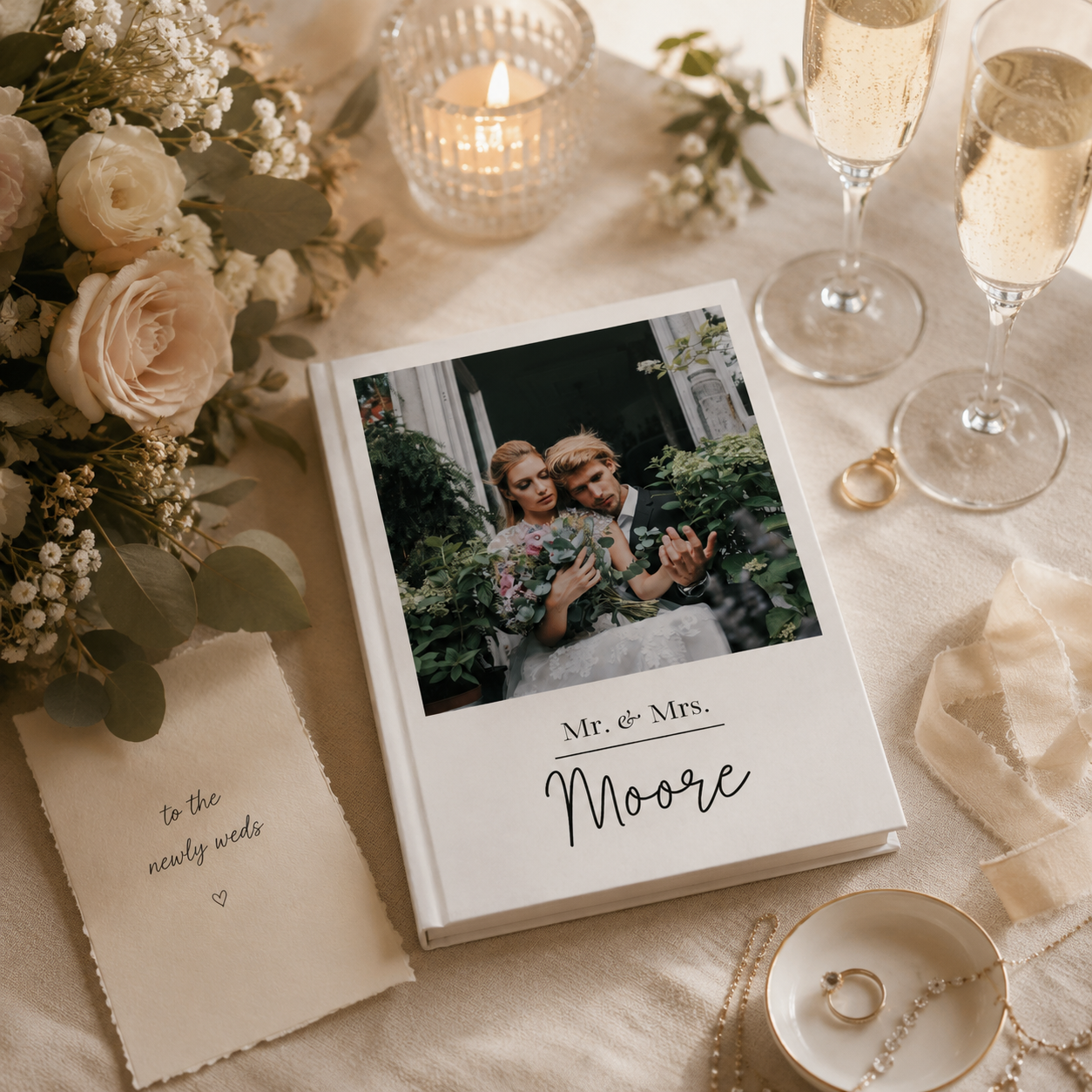 Wedding photo journal open flat – casewrap binding and 90gsm quality pages