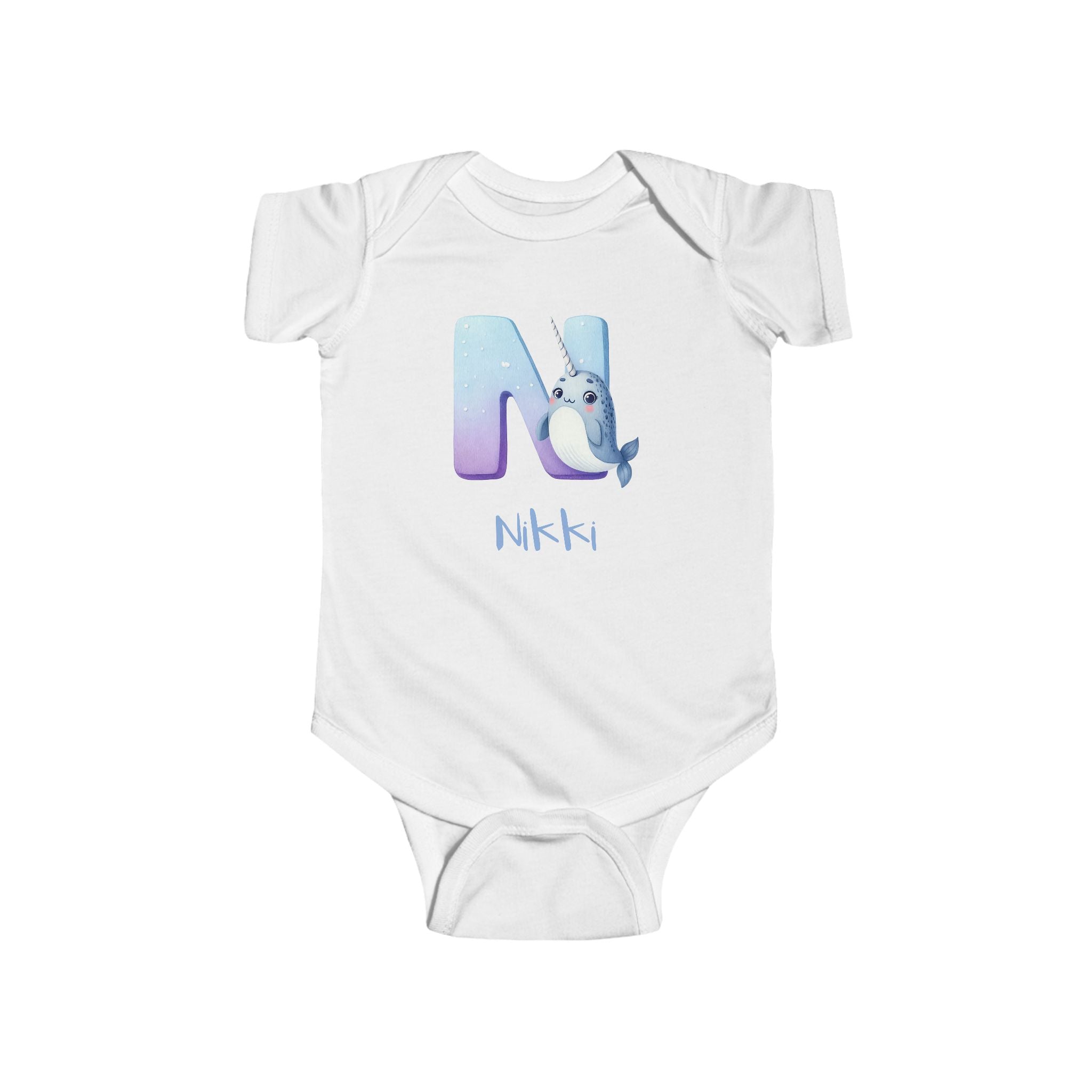 Personalized N baby bodysuit with narwhal – white cotton onesie with custom name