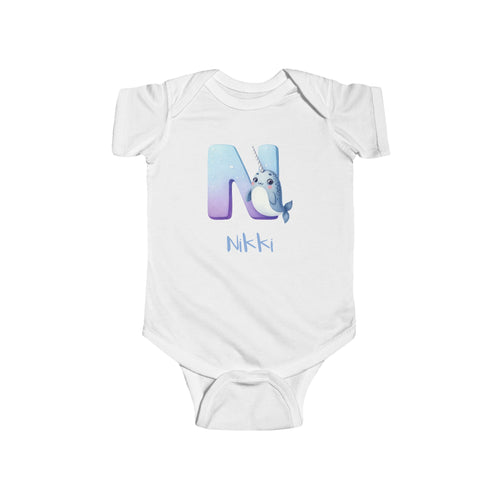 Personalized N baby bodysuit with narwhal – white cotton onesie with custom name