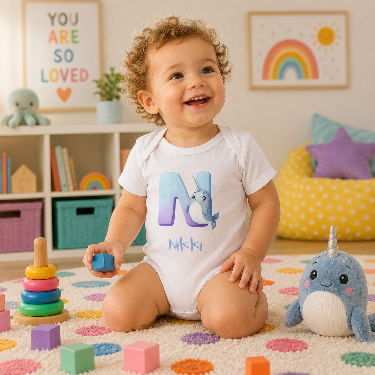 Initial N bodysuit with narwhal and name in script – flat lay
