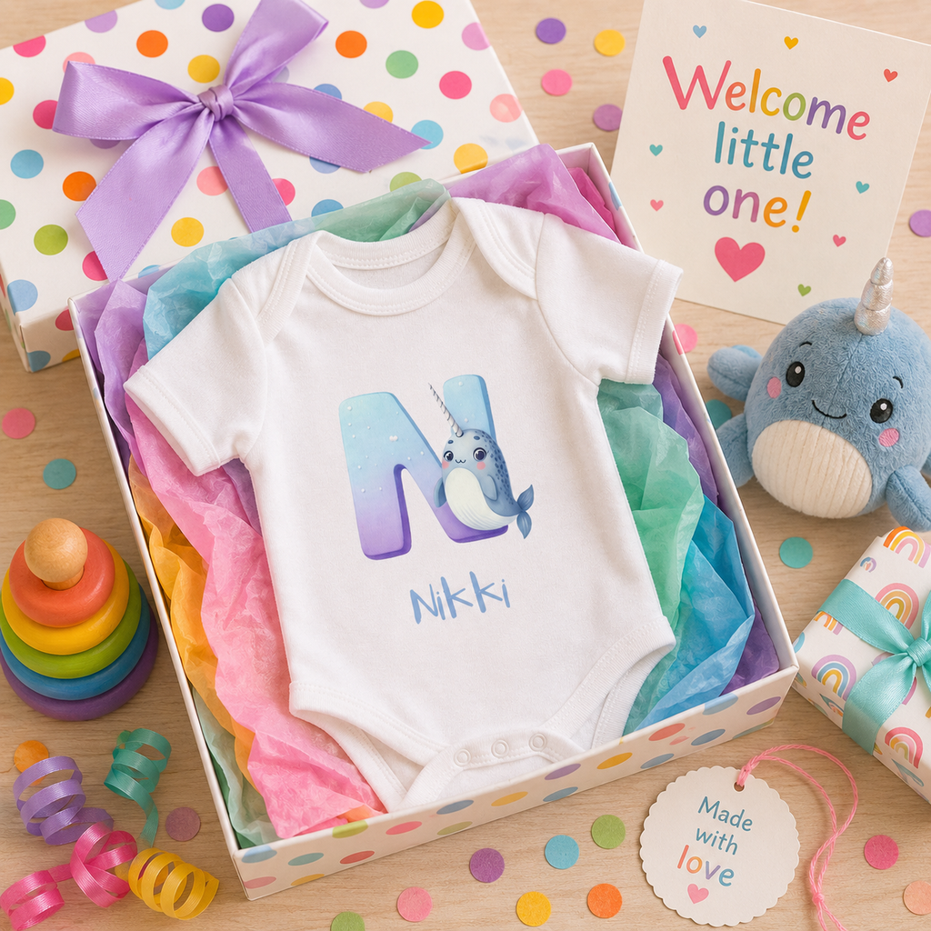 Close-up of N initial and narwhal on baby bodysuit