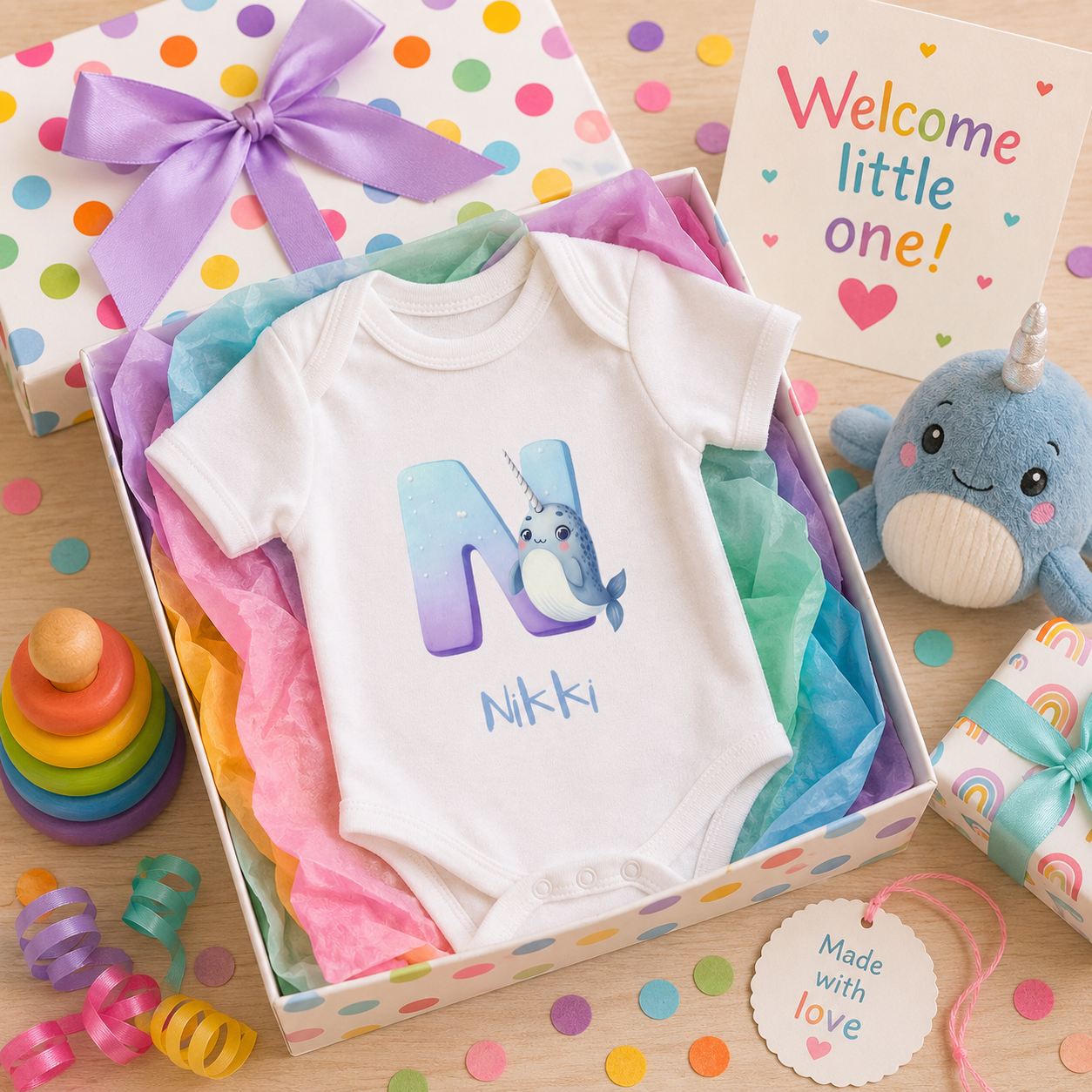 Close-up of N initial and narwhal on baby bodysuit