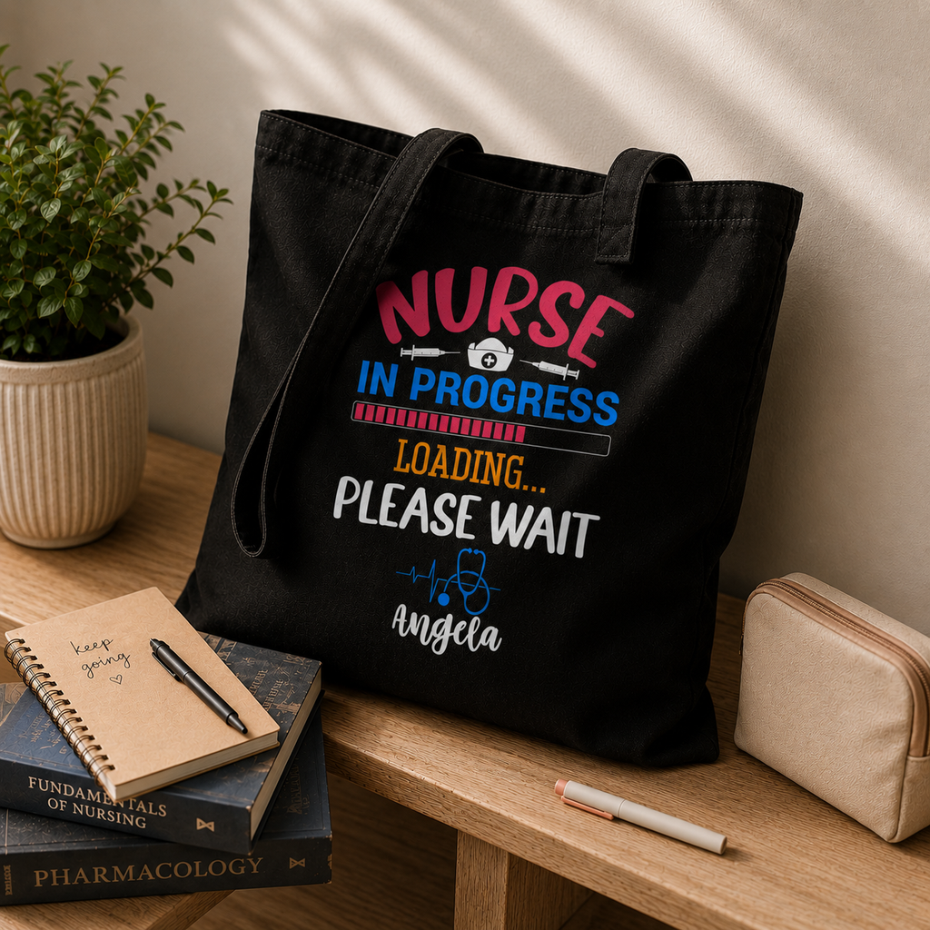 Personalized nurse in progress tote bag shown worn on shoulder, lifestyle photo